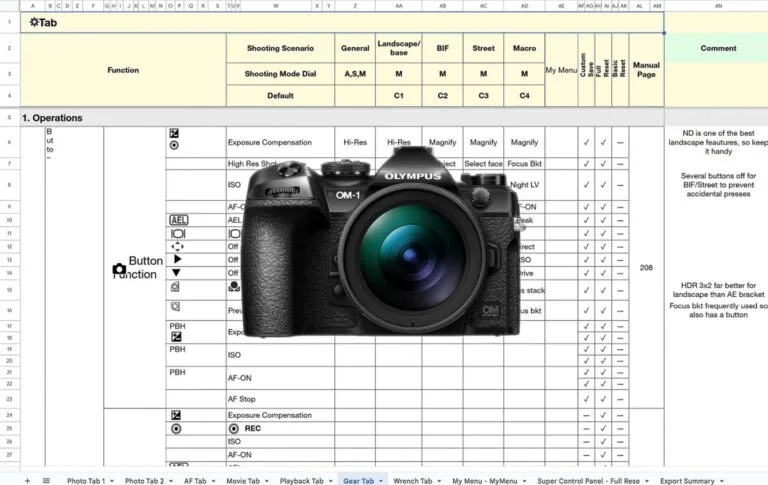 Giant OM1 I and II spreadsheets of my top photo settings