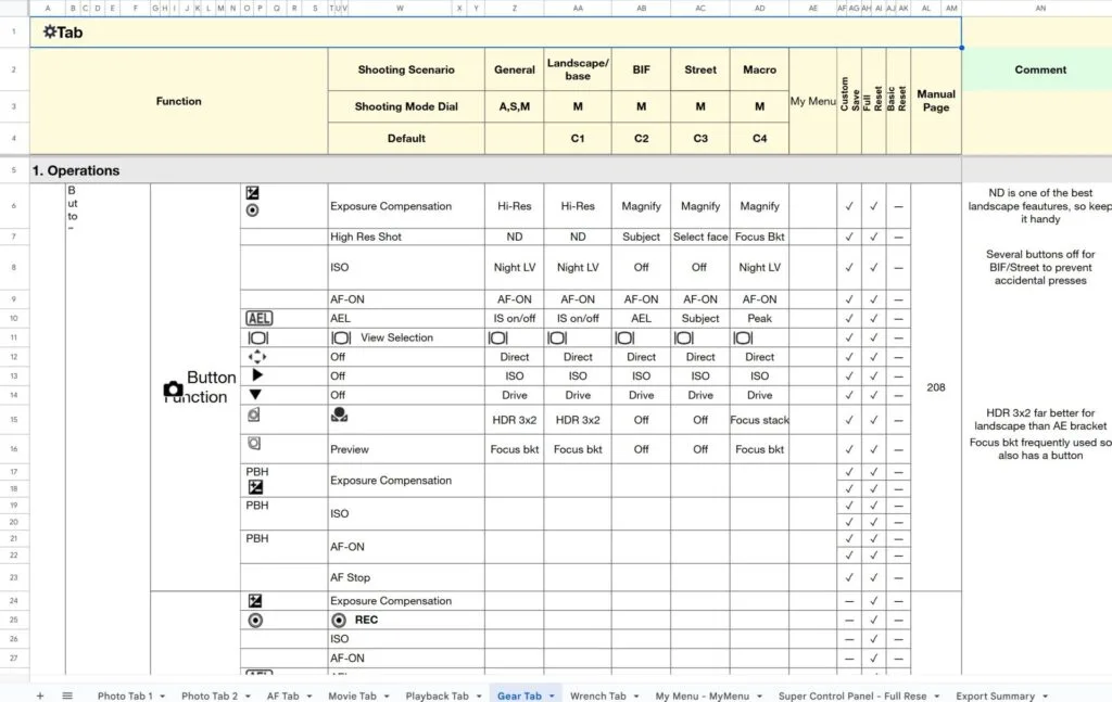 OM-1 settings spreadsheet — gear options tab showing menu items, DMcA settings, and reasoning column