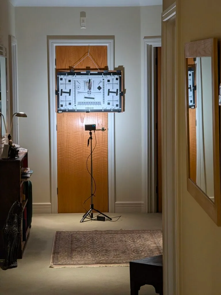 ISO 12233 resolution test chart setup for OM vs Sony wildlife zoom resolution testing at 18m