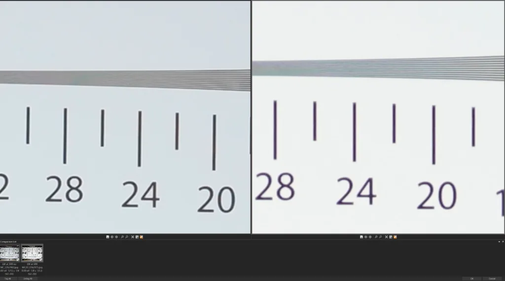 Side-by-side resolution comparison: OM 50-200mm f2.8 bare at 300mm FFE (left) vs with MC20 at 800mm FFE (right).
